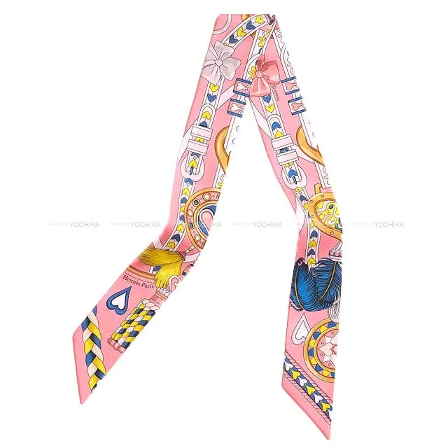 2024SS NEW HERMES scarf Twilly Harnais de Coeur Rose Bonbon/Bleu Vif/Blanc (White) Silk100%[BRAND NEW][Authentic]