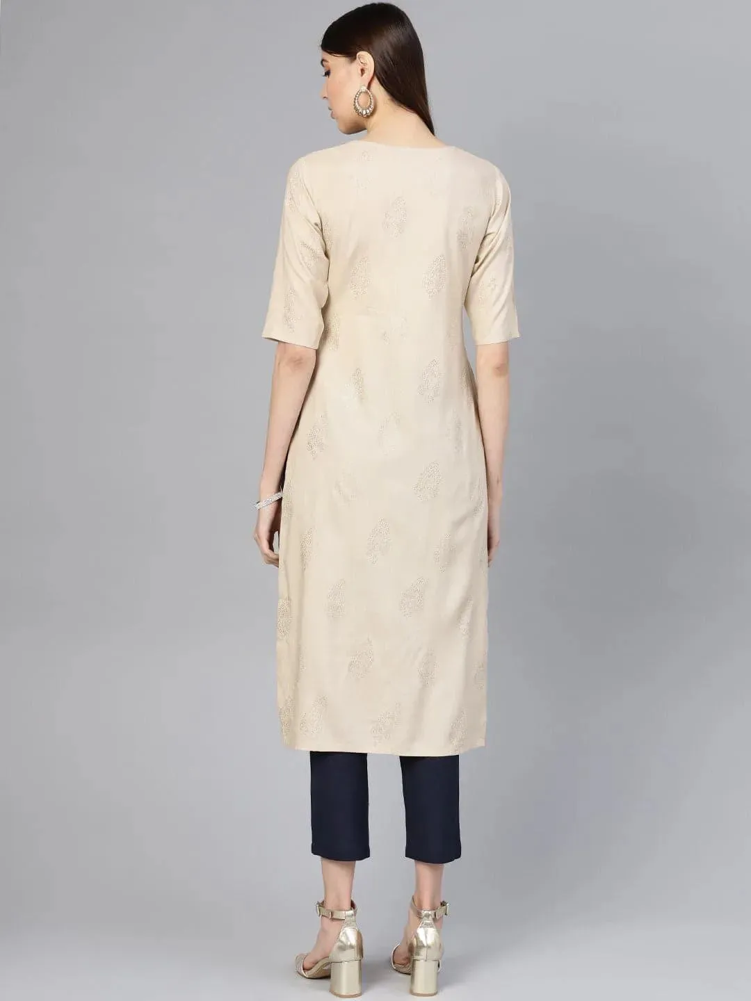 Beige Printed Rayon Straight Kurta With Trousers