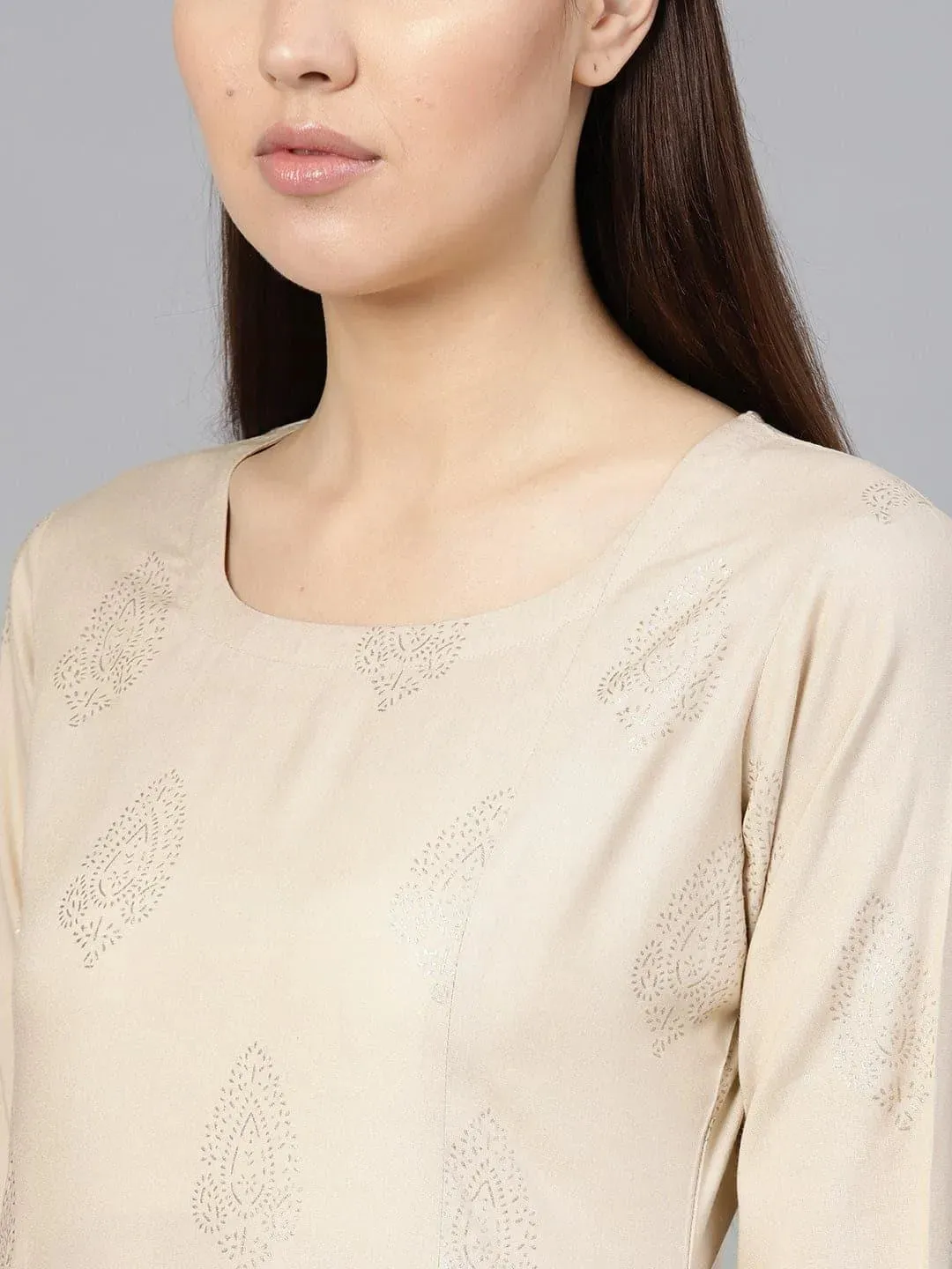 Beige Printed Rayon Straight Kurta With Trousers