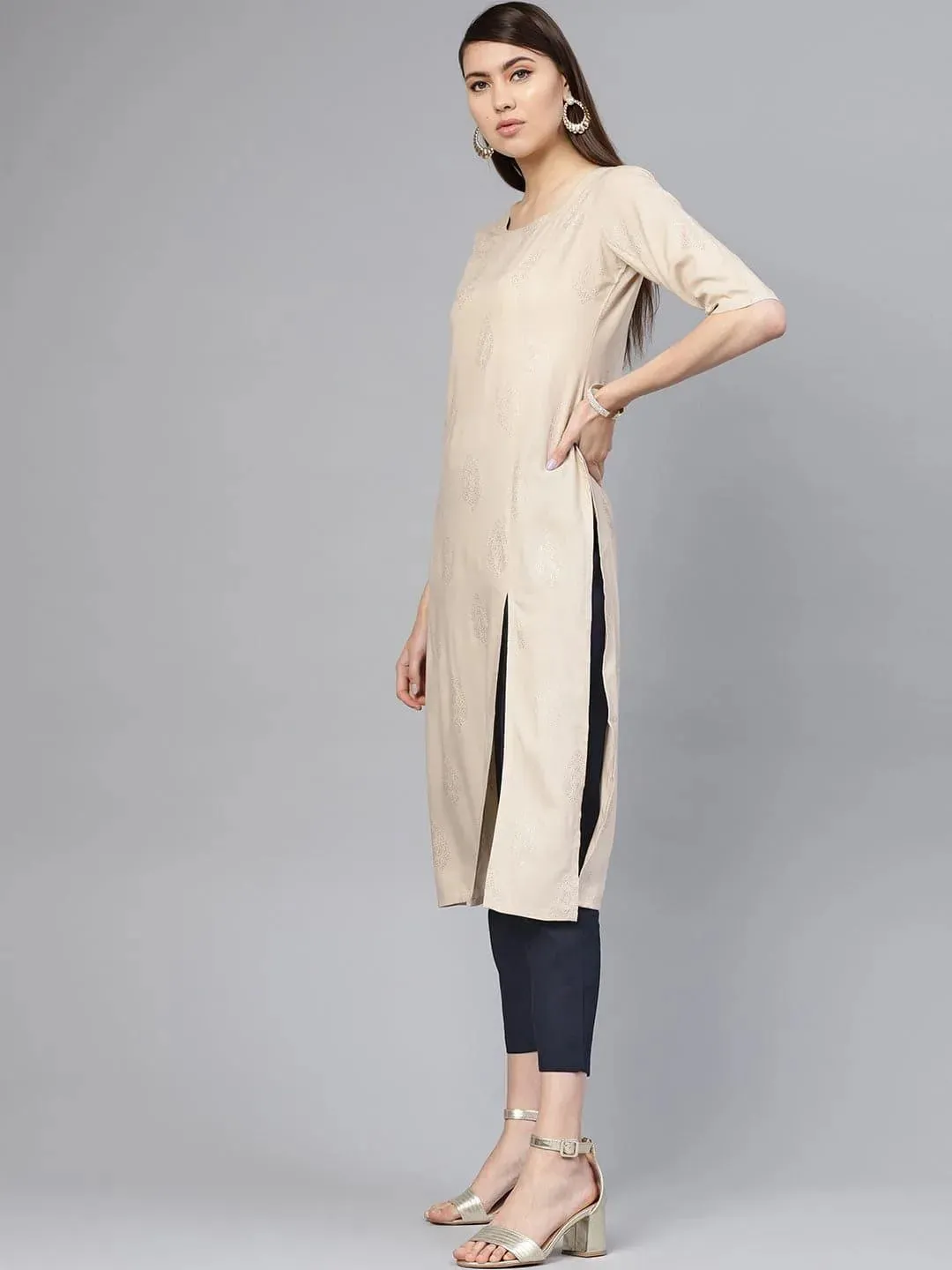 Beige Printed Rayon Straight Kurta With Trousers