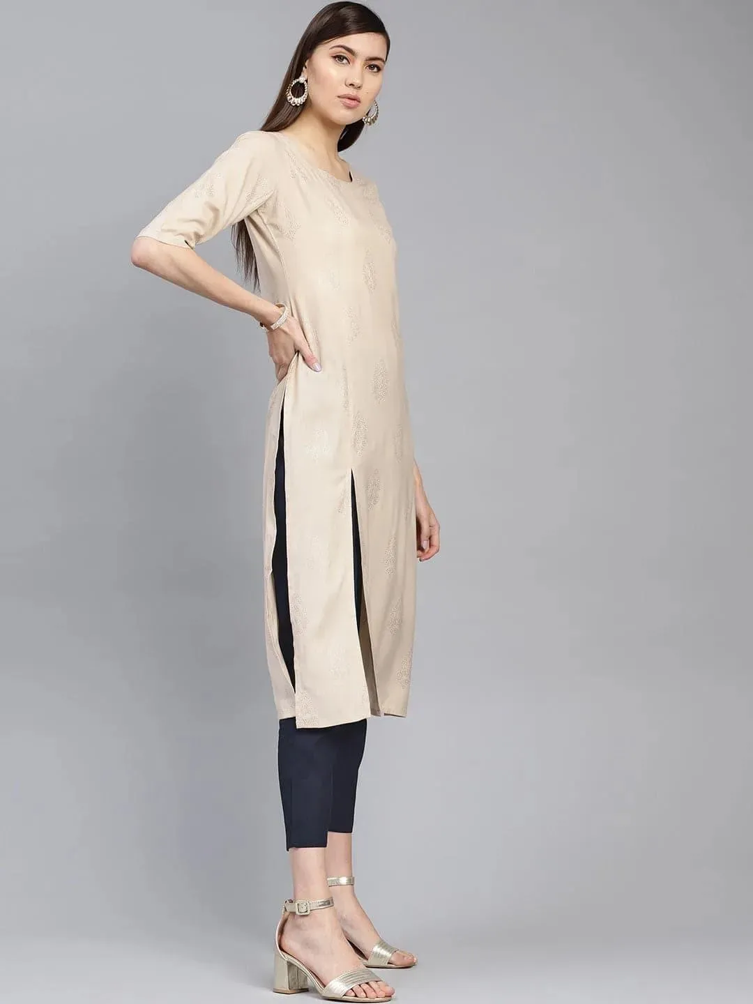 Beige Printed Rayon Straight Kurta With Trousers