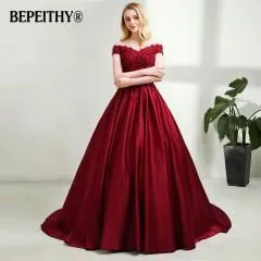 BEPEITHY V-neck Navy Blue Long Evening Dress Lace Beaded Vintage Prom Gowns Vestido De Festa Off The Shoulder Cheap Evening Gown