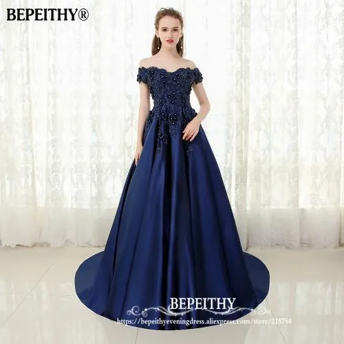 BEPEITHY V-neck Navy Blue Long Evening Dress Lace Beaded Vintage Prom Gowns Vestido De Festa Off The Shoulder Cheap Evening Gown