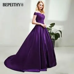 BEPEITHY V-neck Navy Blue Long Evening Dress Lace Beaded Vintage Prom Gowns Vestido De Festa Off The Shoulder Cheap Evening Gown