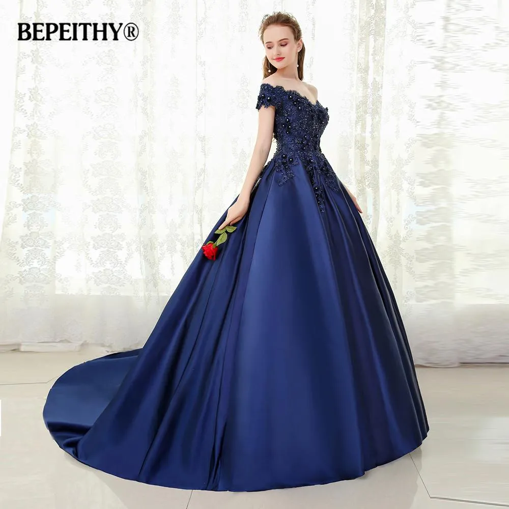 BEPEITHY V-neck Navy Blue Long Evening Dress Lace Beaded Vintage Prom Gowns Vestido De Festa Off The Shoulder Cheap Evening Gown