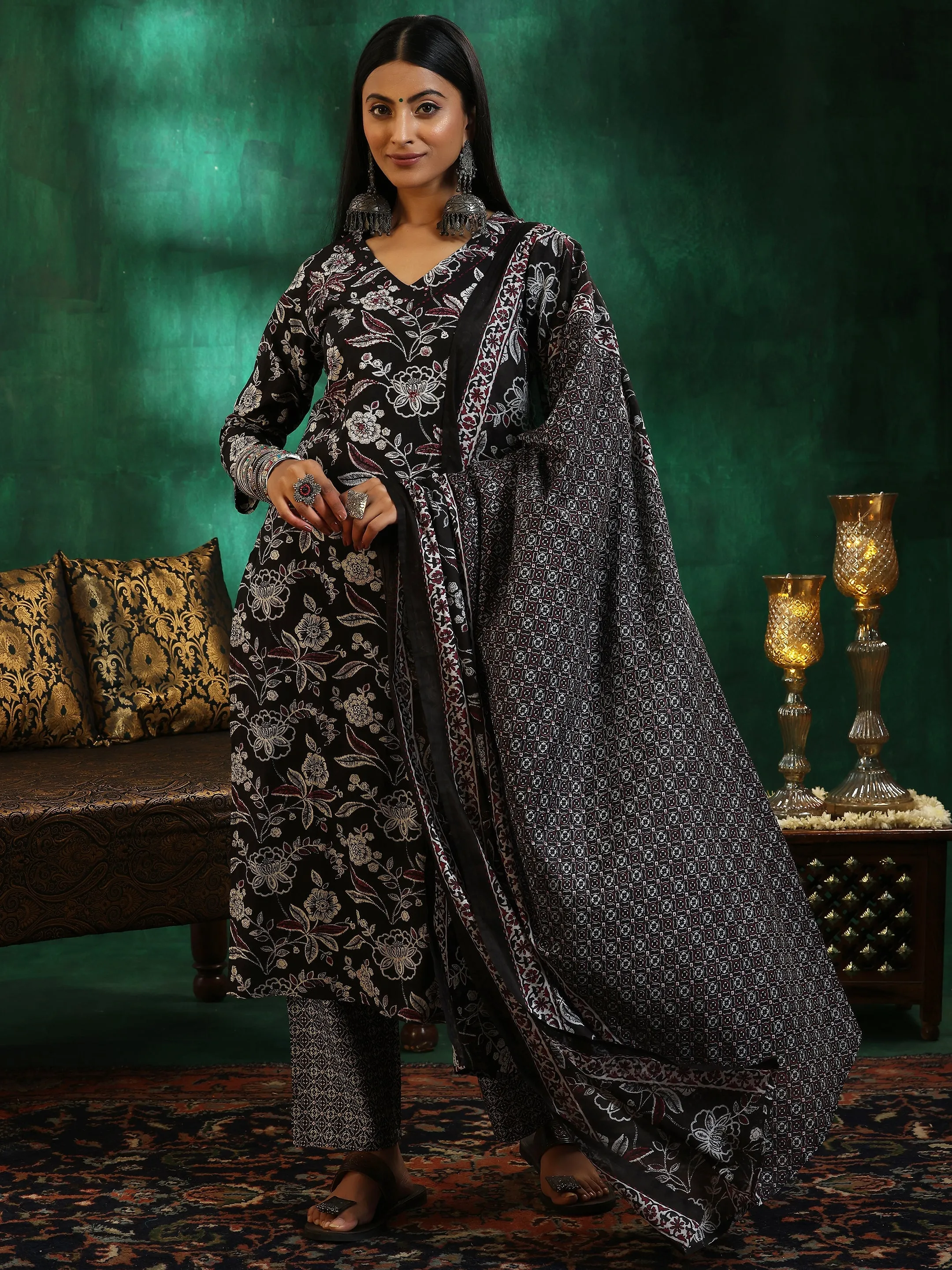 Black Printed Cotton Straight Suit With Dupatta