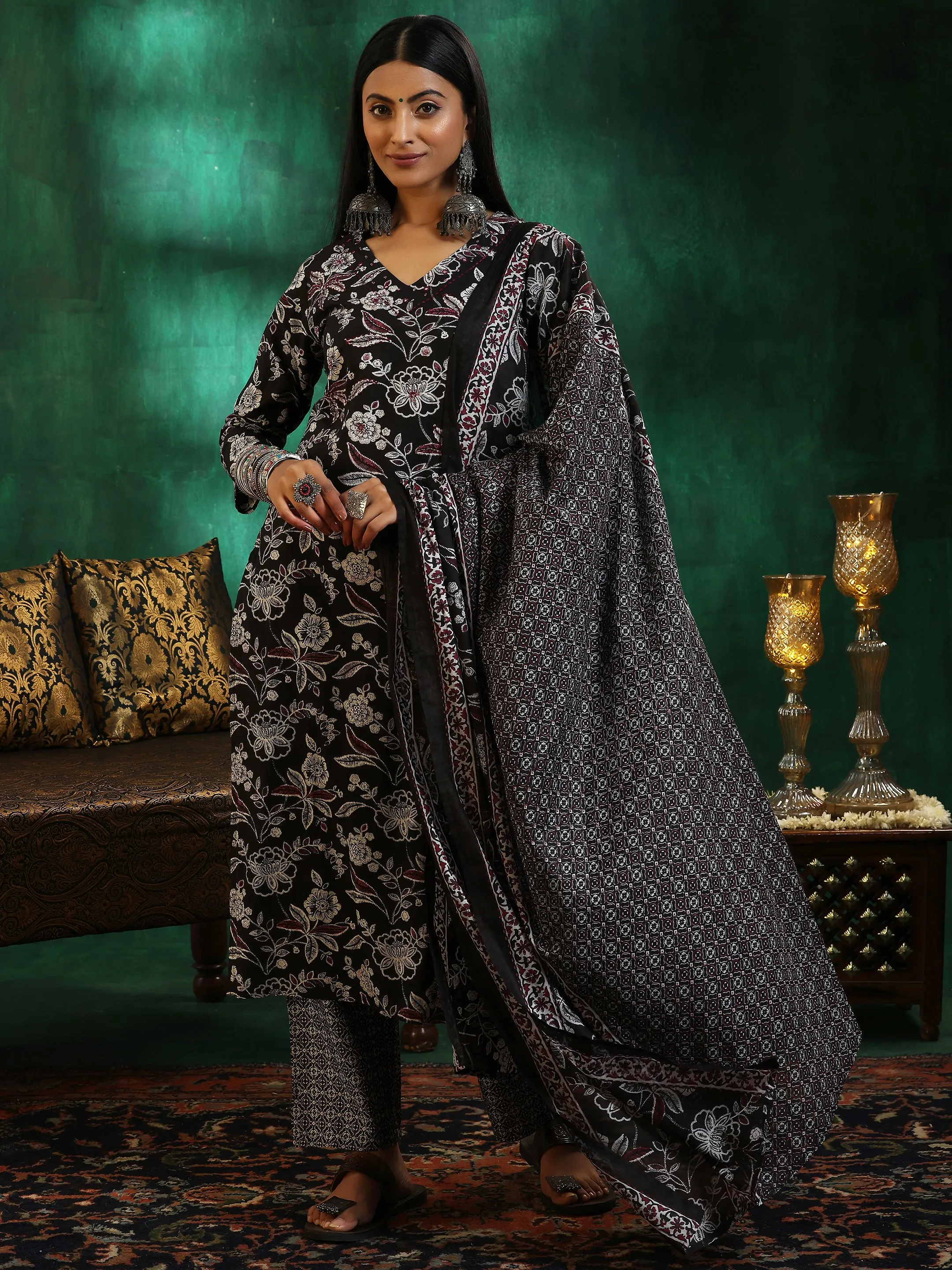 Black Printed Cotton Straight Suit With Dupatta