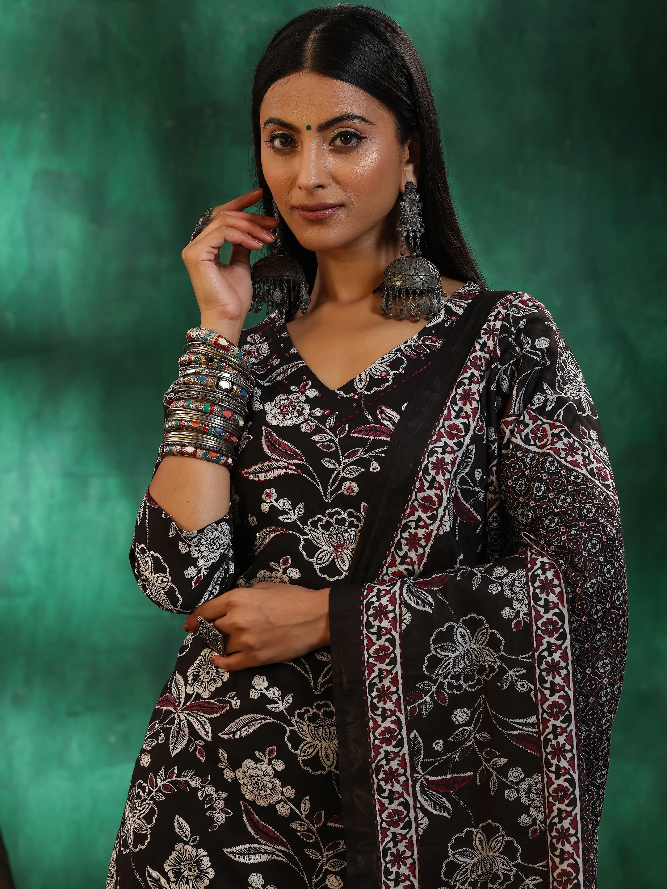 Black Printed Cotton Straight Suit With Dupatta