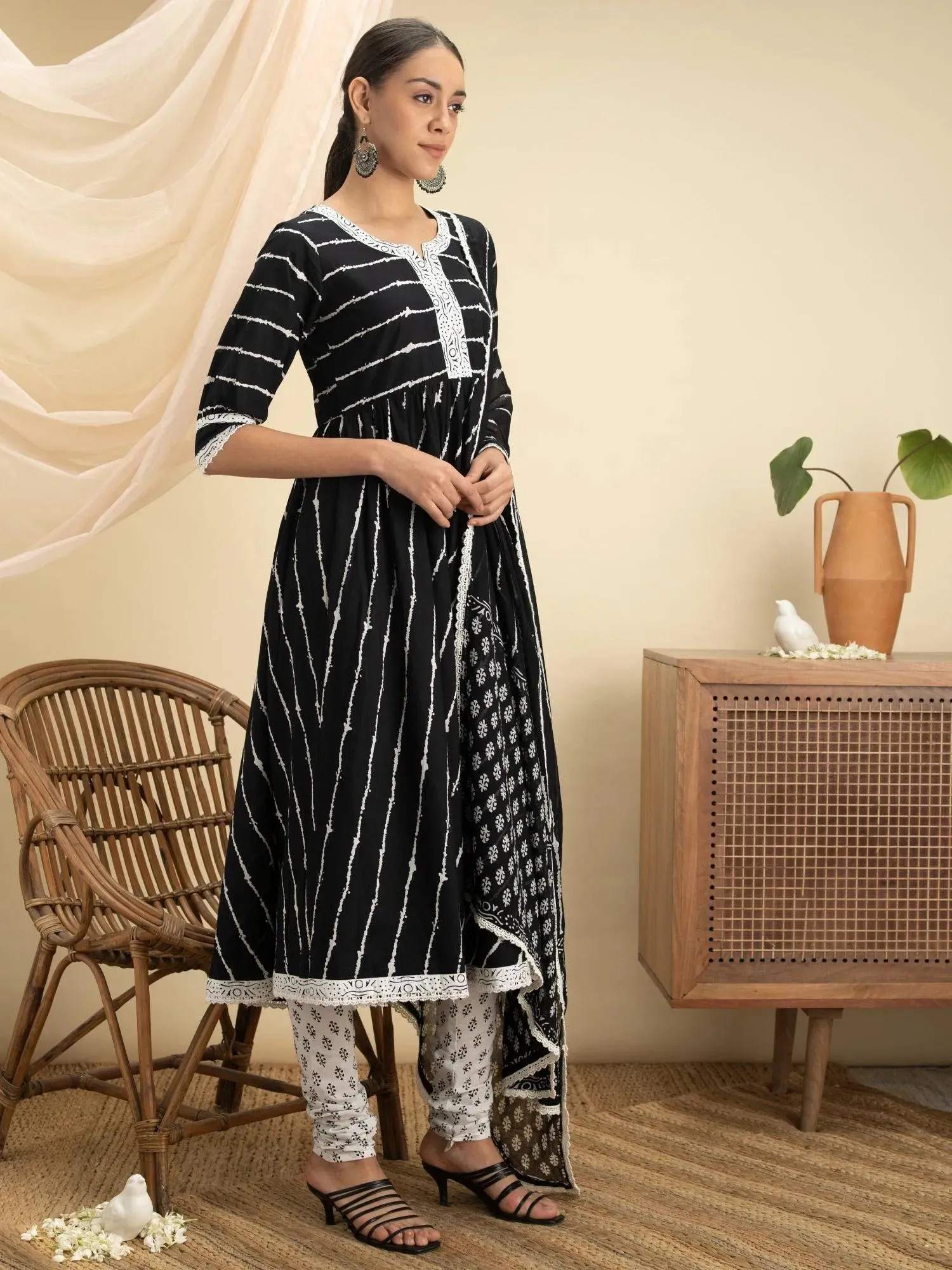 Black Striped Cotton Anarkali Kurta With Churidar & Dupatta