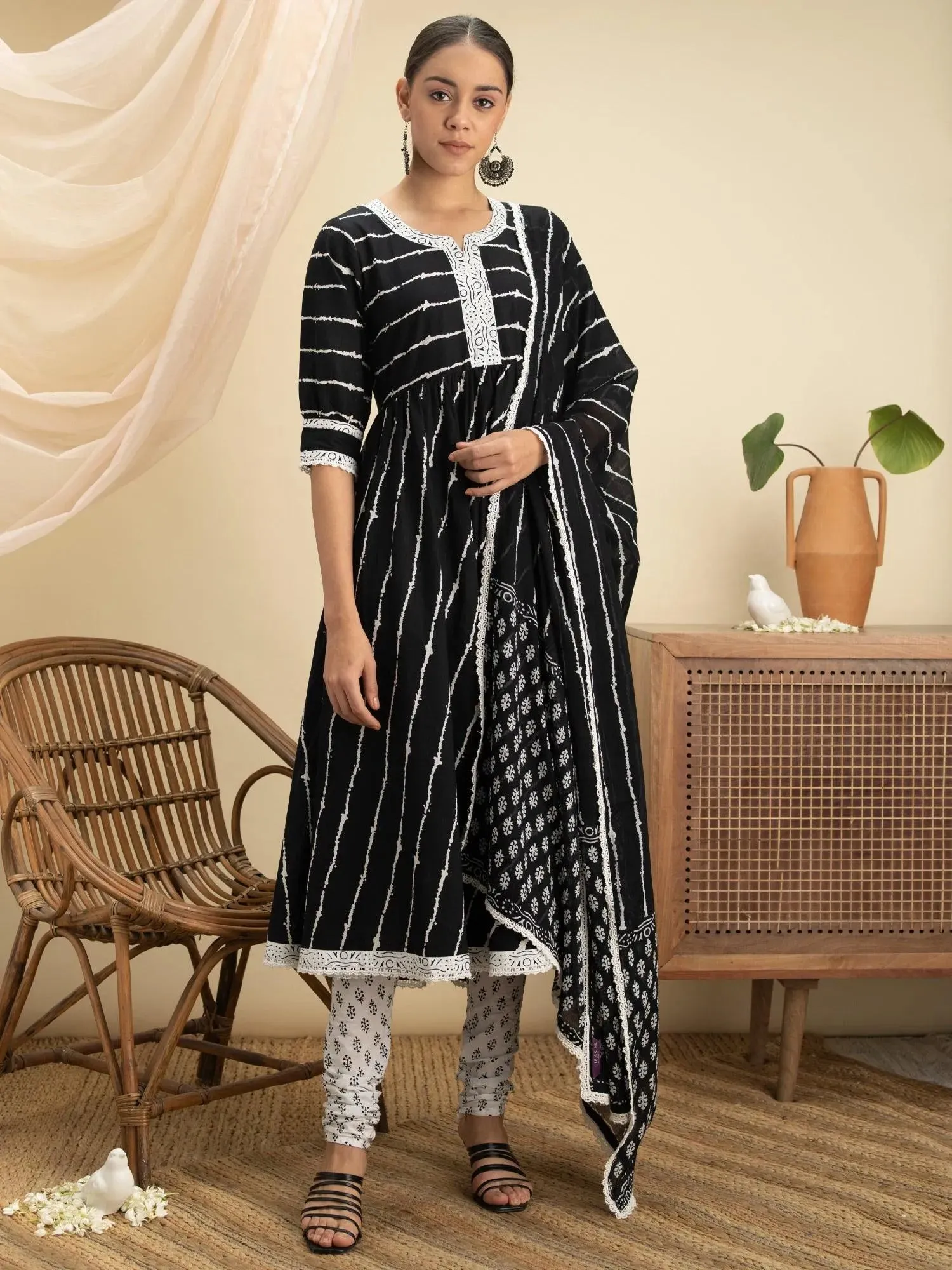 Black Striped Cotton Anarkali Kurta With Churidar & Dupatta