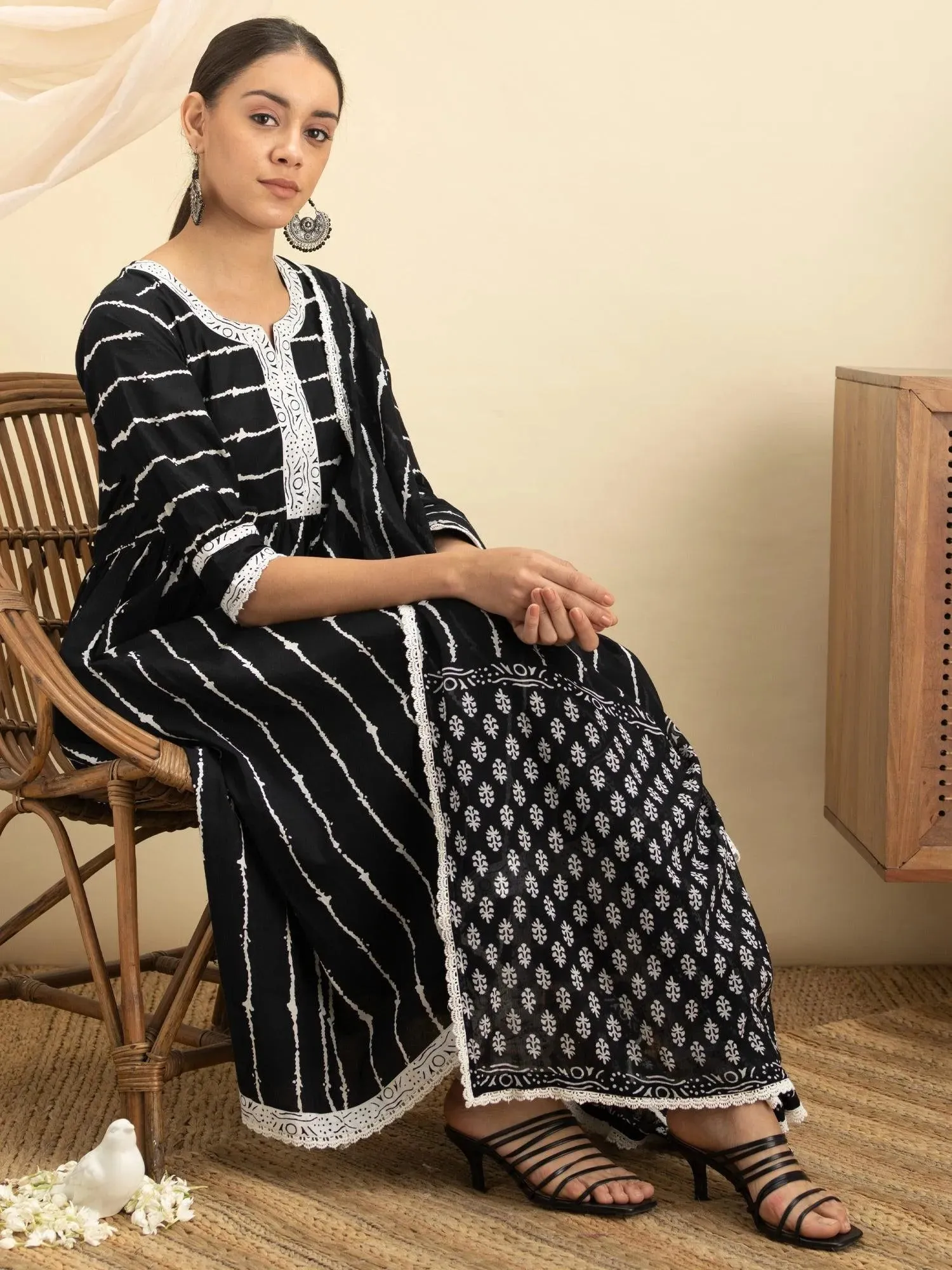 Black Striped Cotton Anarkali Kurta With Churidar & Dupatta