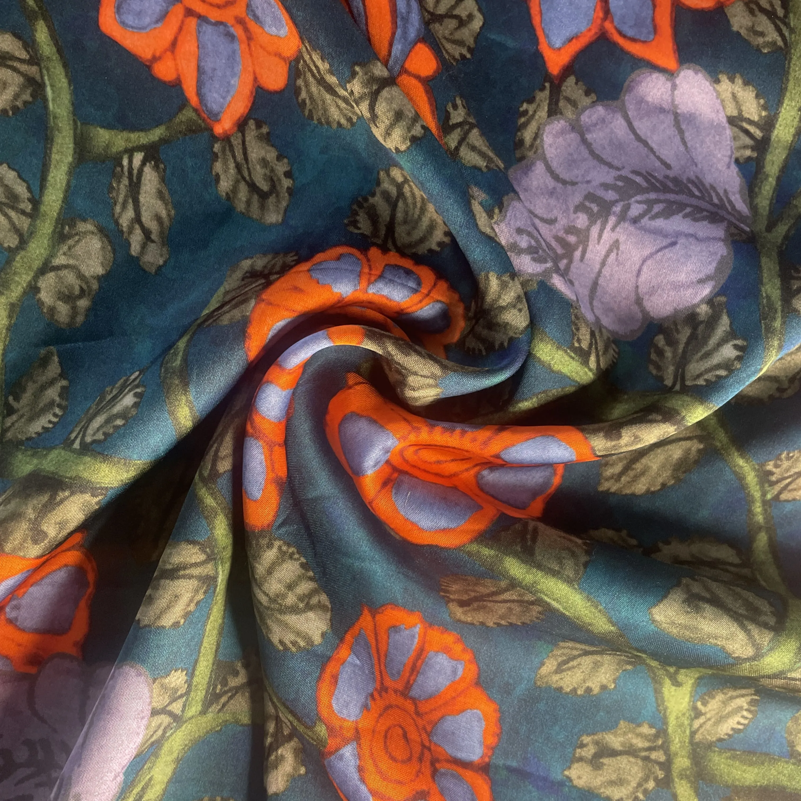 Blue Floral Print Modal Satin Fabric 19963