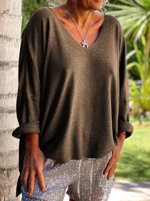 Casual Loose V-neck Solid Color Long-sleeved Top