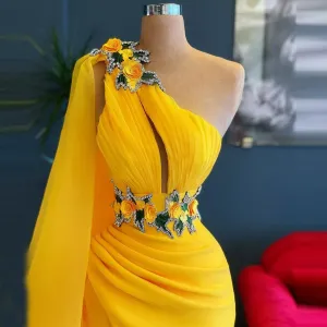 Charming Yellow One Shoulder Mermaid Evening Dresses   Sleeveless Side Split Crystals Women Pageant Dressing   Gowns  1115