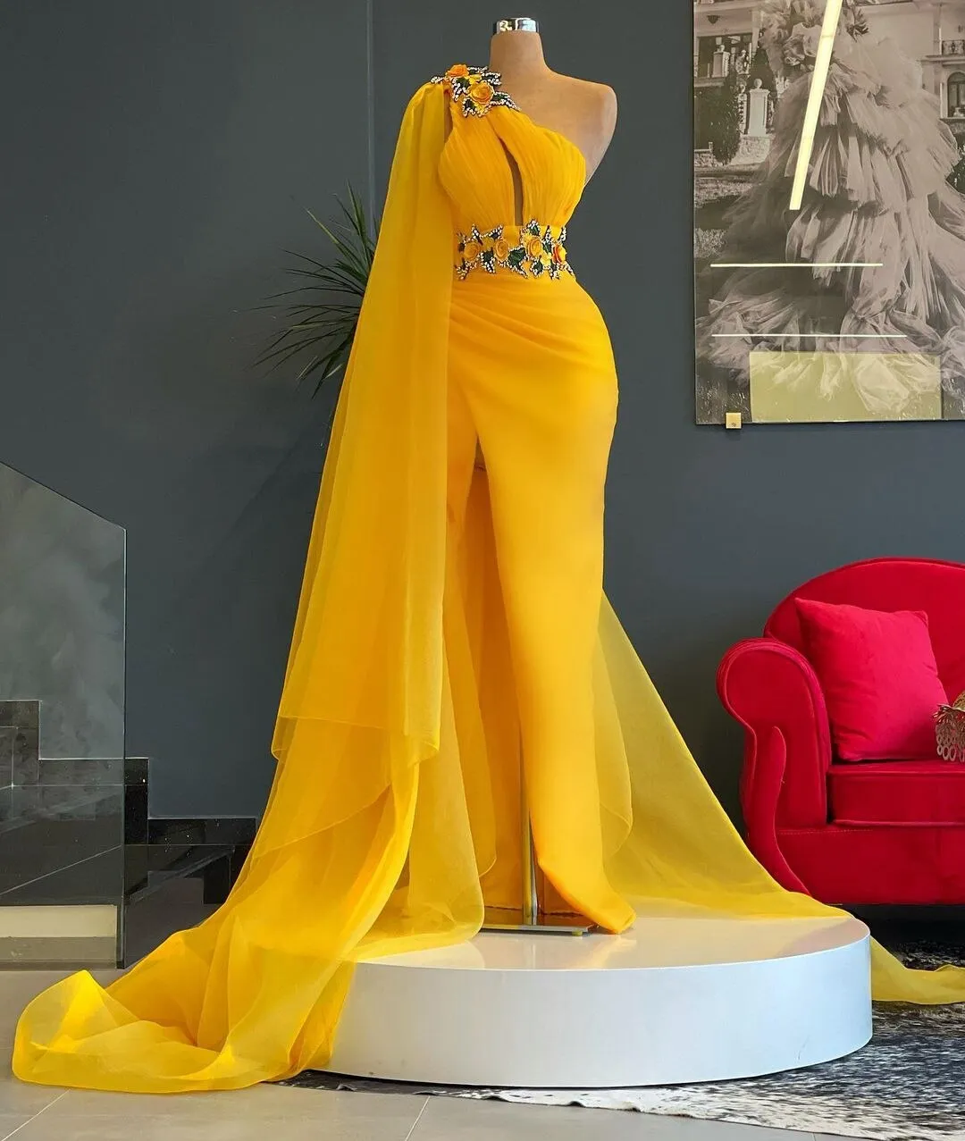 Charming Yellow One Shoulder Mermaid Evening Dresses   Sleeveless Side Split Crystals Women Pageant Dressing   Gowns