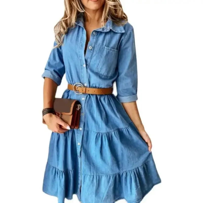 Classic Denim Casual Dress With Belt