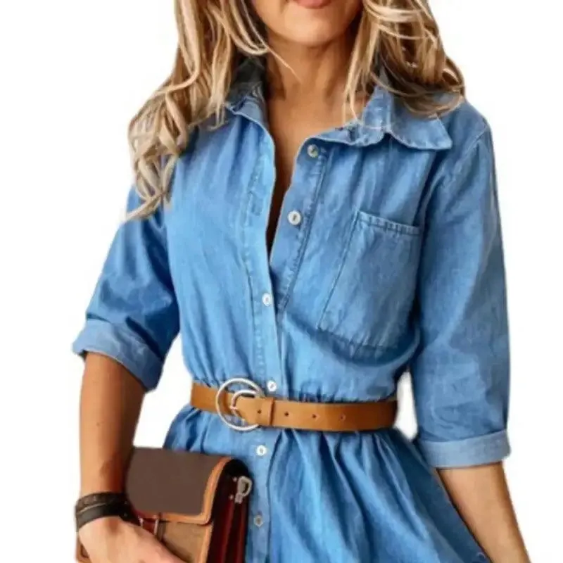 Classic Denim Casual Dress With Belt