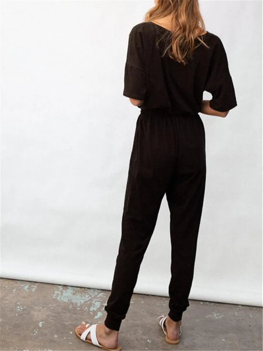 Comfortable Casual Solid Color V Neck Button Jumpsuits