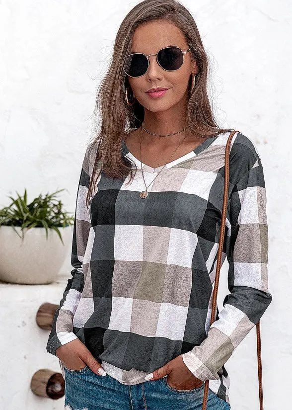 Comfortable long-sleeved women's plaid contrast color cotton and linen top