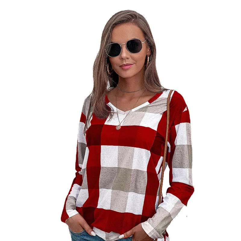 Comfortable long-sleeved women's plaid contrast color cotton and linen top