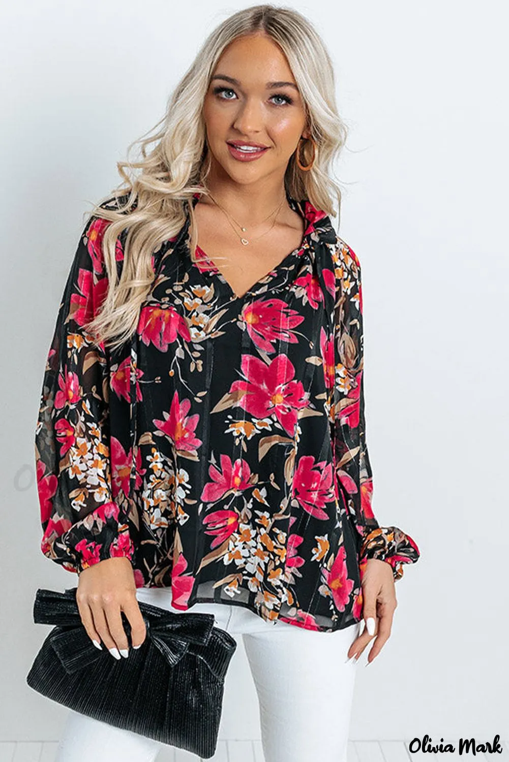 Deanwangkt - Black Floral Ruffle Collar Blouse