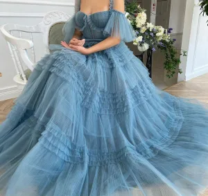 DEANWANGKT Blue Long Prom Dresses Sweetheart Crumpled Tulle Ruffles Evening Dresses Off Shoulder Tiered A-Line Party Dresses Bow Belt