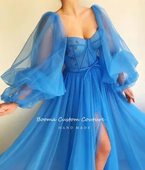 DEANWANGKT Simple Blue Prom Dresses Long Puff Sleeves Exposed Boning Illusion Evening Dresses High Slit Tulle A-Line Formal Gowns