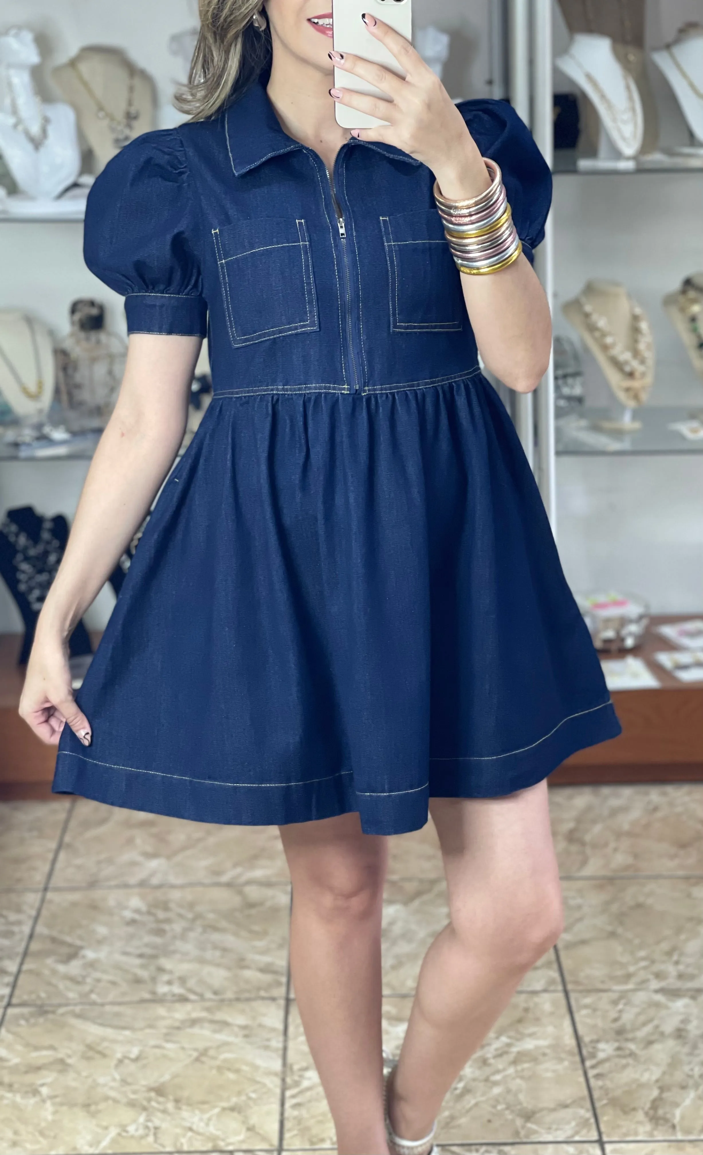 Denim Puff Sleeve Mini Dress