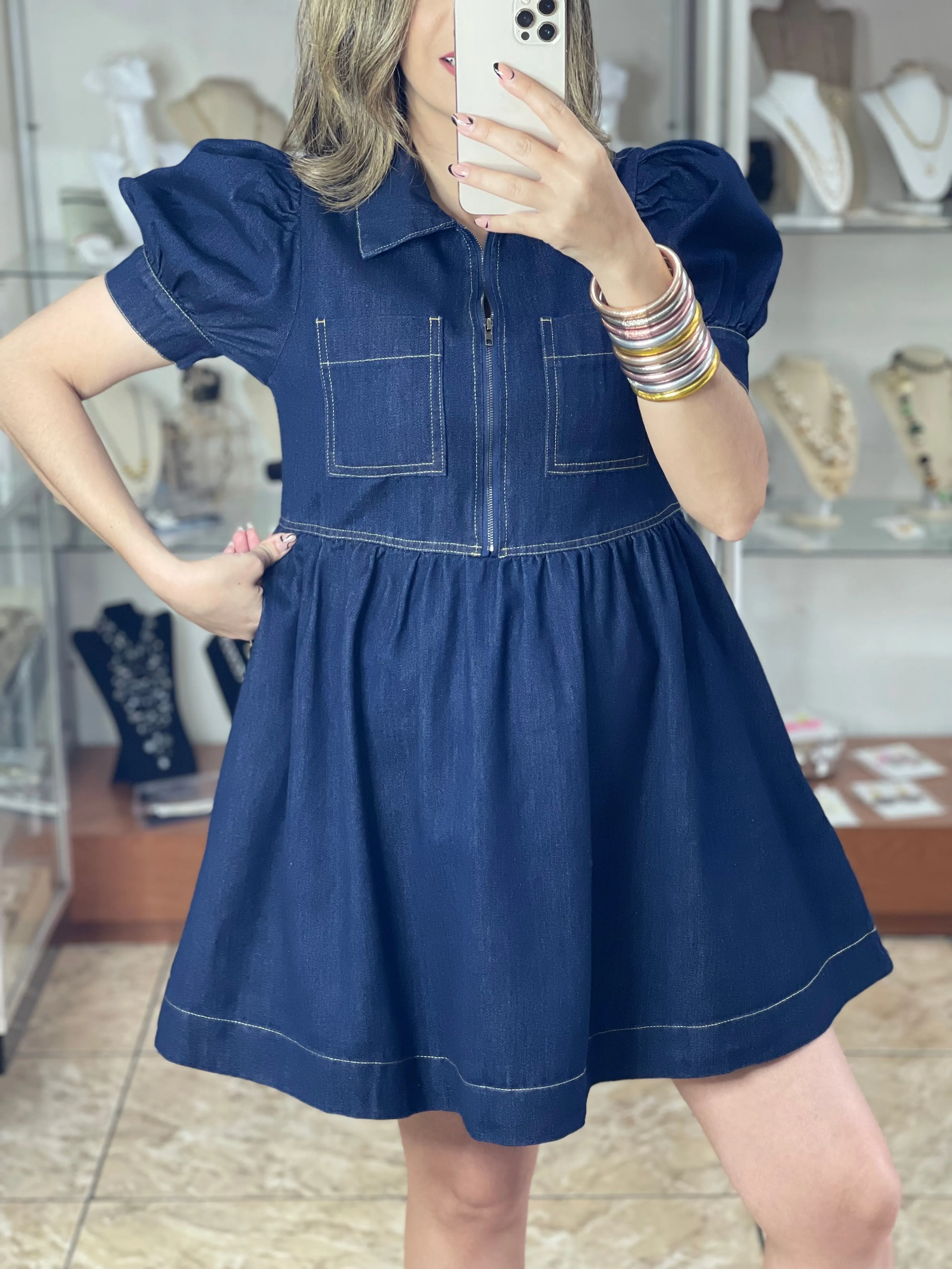 Denim Puff Sleeve Mini Dress