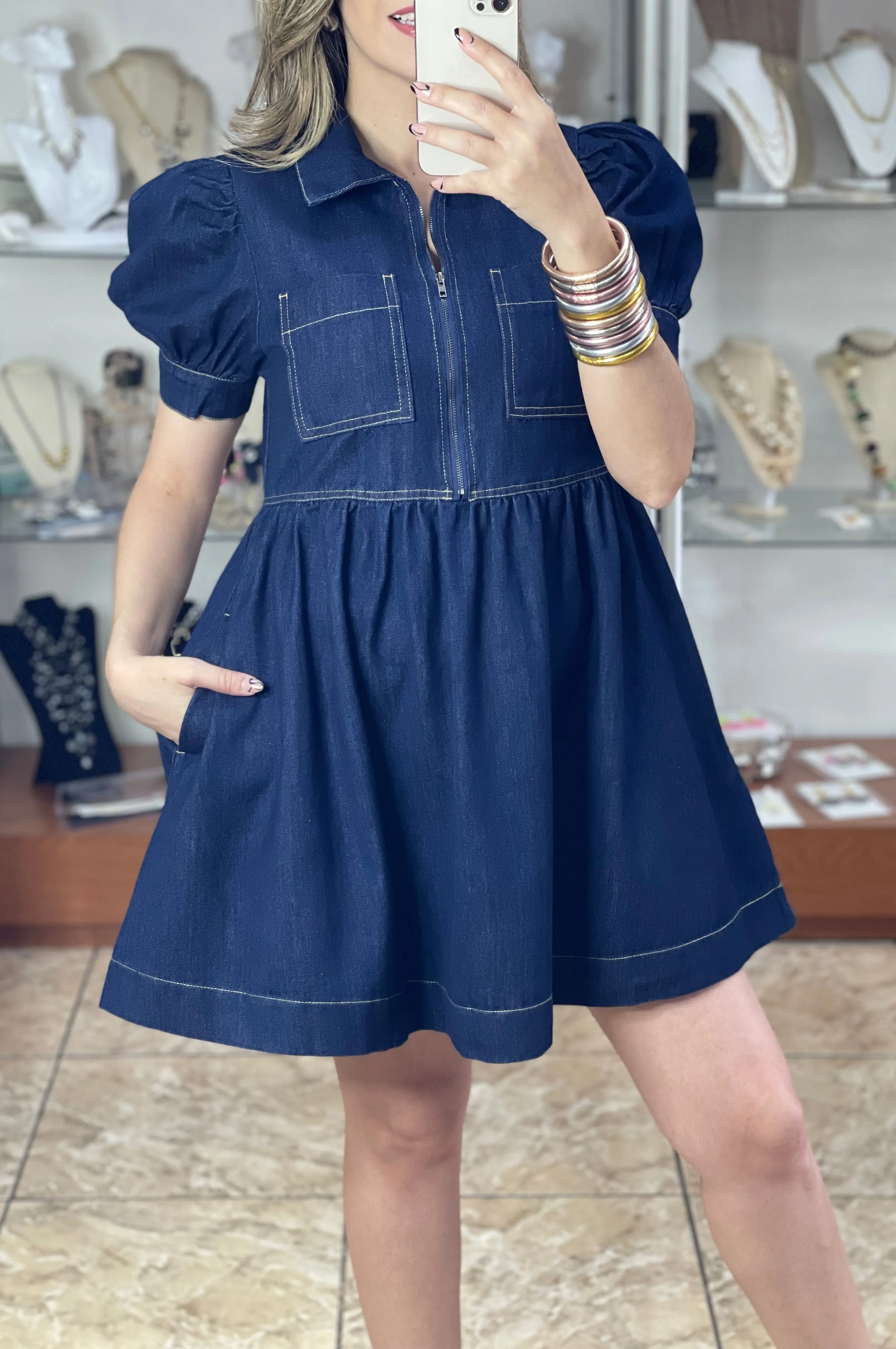 Denim Puff Sleeve Mini Dress