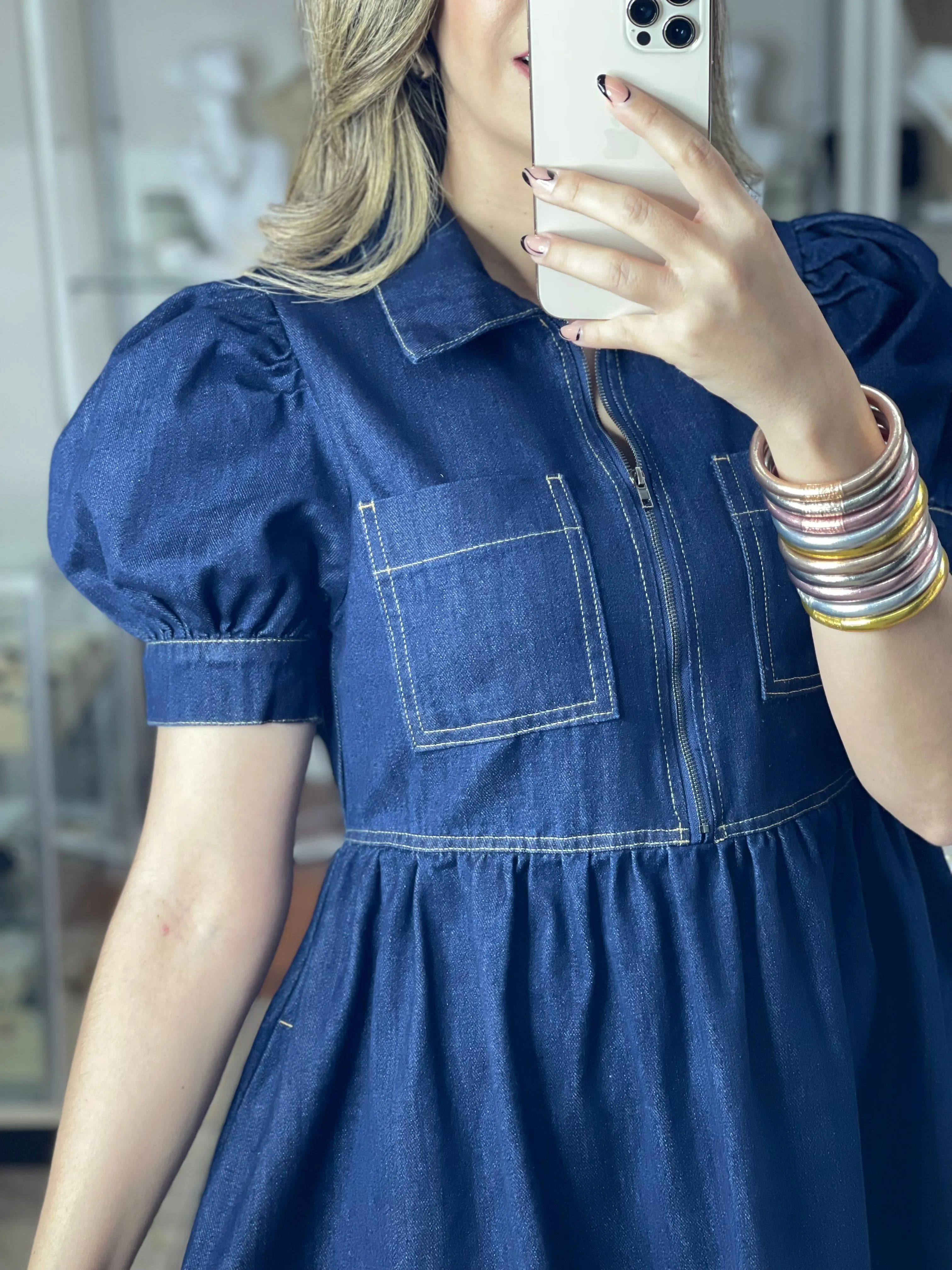 Denim Puff Sleeve Mini Dress