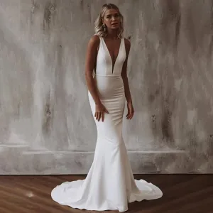 Elegant Mermaid Wedding Dress Women 2024 V-Neck Open Back White Satin Spaghetti Straps Bridal Gown Sweep Train Vestidos De Novia