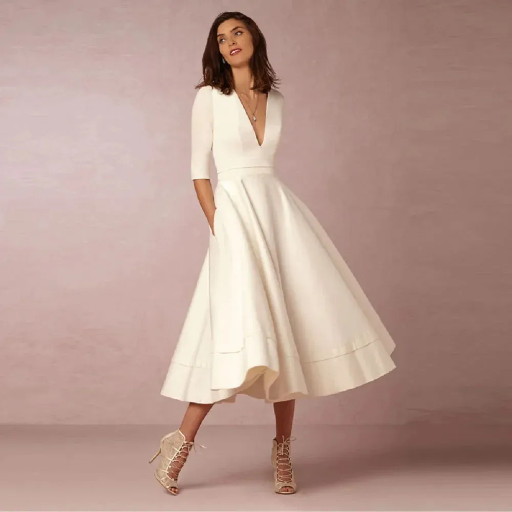 Elegant Satin Short Wedding Dresses Tea Length V Neck Half Sleeves Bride Dress Robe De Mariée A-line Simple