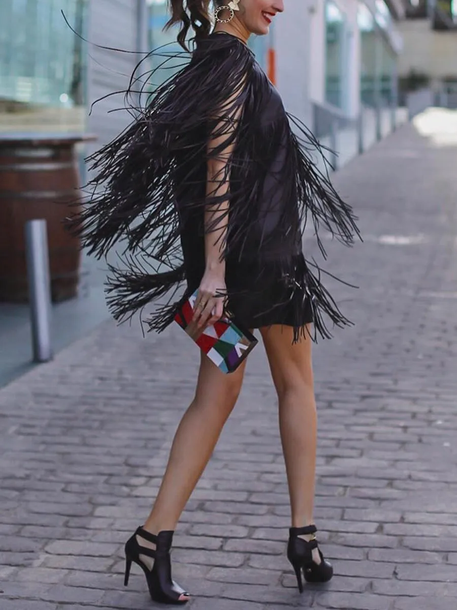 Fashion Casual Long Sleeve Fringed Evening Dress