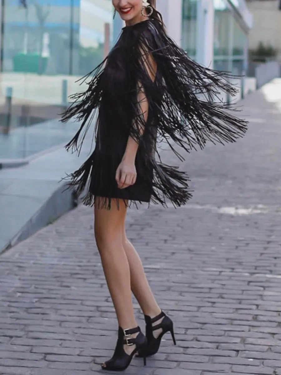 Fashion Casual Long Sleeve Fringed Evening Dress