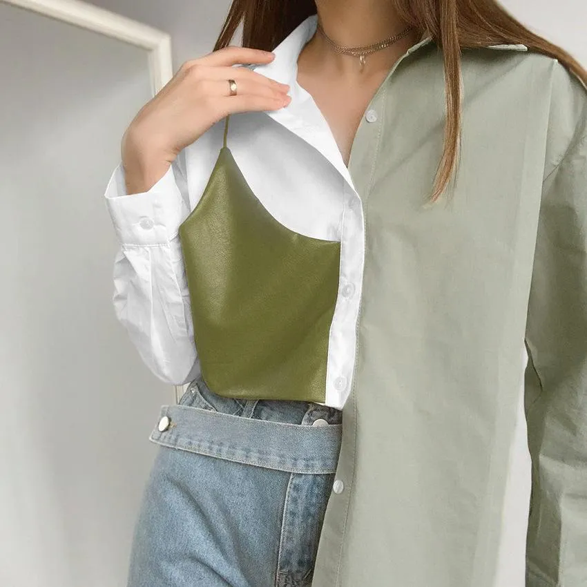 Fashion contrast color commuter shirt women's stitching PU leather fake two long-sleeved loose shirts