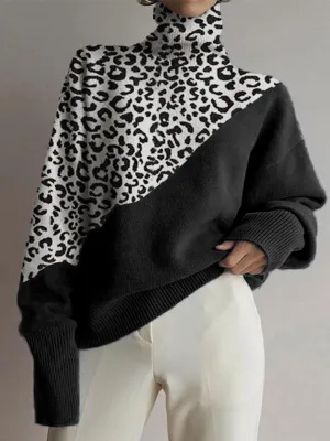 Fashion High Collar Leopard Stitching Loose Sweater