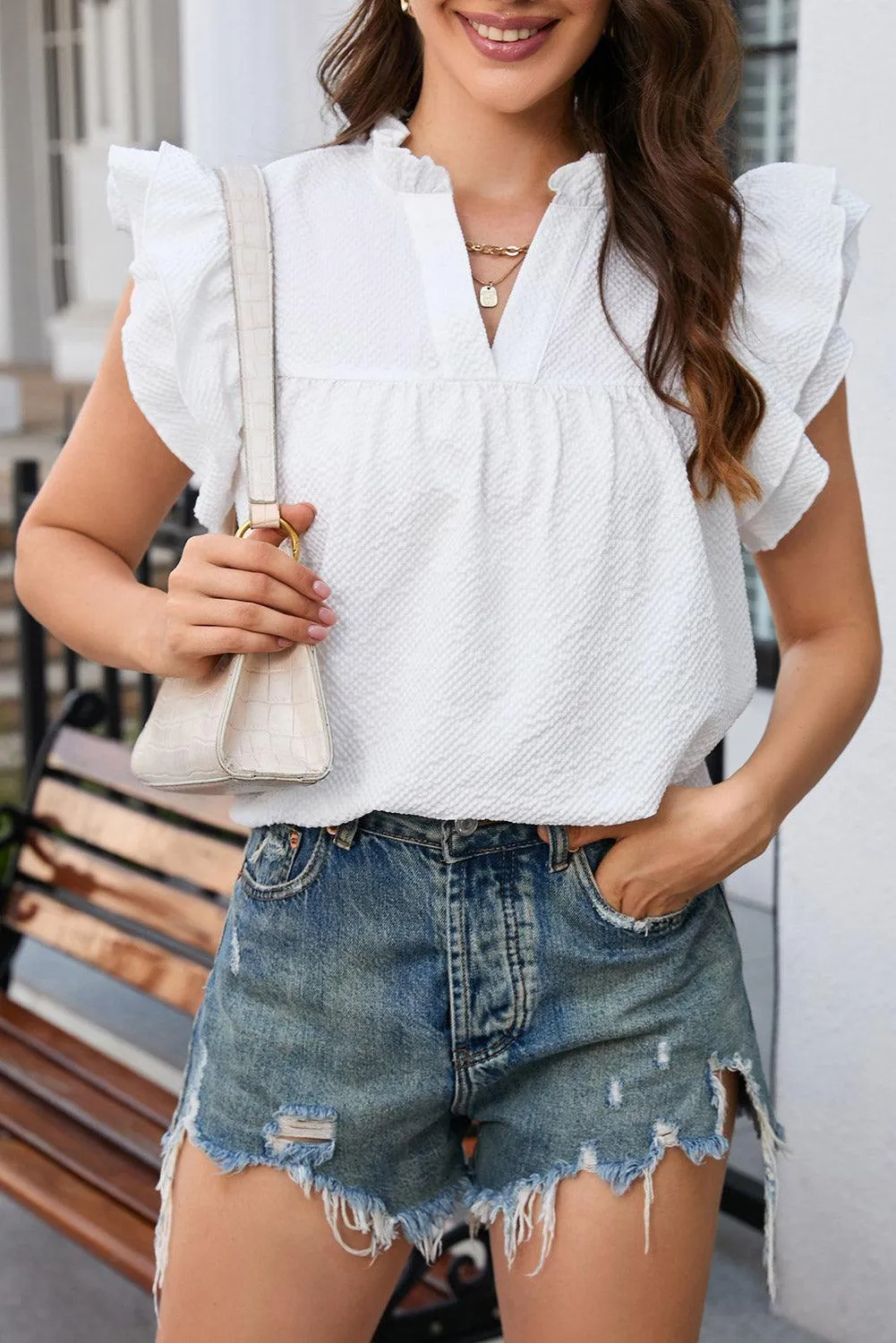 Flutter Sleeve Notch Neck White Summer Top for Women