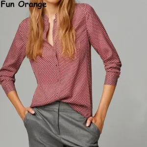 Fun Orange New Fashion Ladies elegant red leaves print blouses vintage stand collar long sleeve OL shirts casual slim brand tops