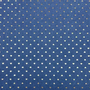 Gold Foil Hearts Chambray Denim Fabric