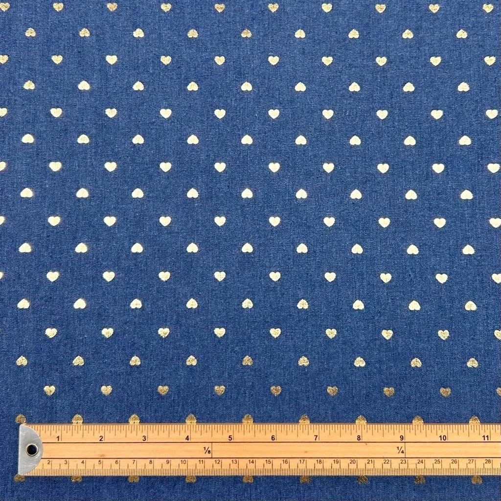 Gold Foil Hearts Chambray Denim Fabric