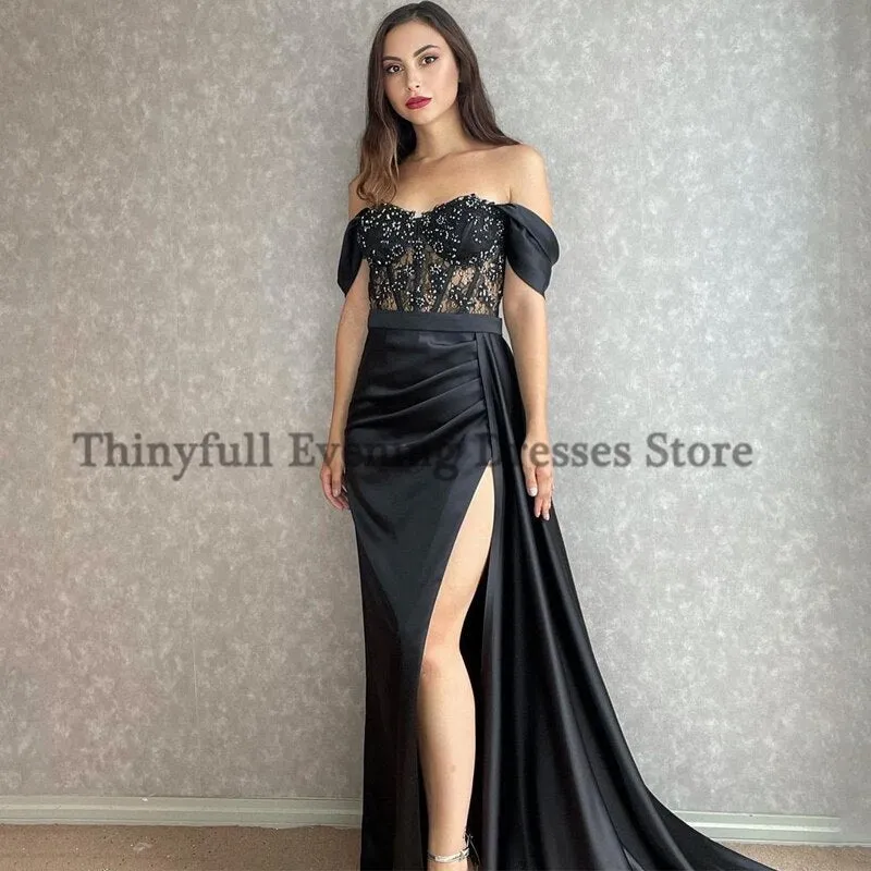 Graduation dress Sexy Prom Evening Dresses Off Shoulder Appliques Party Dress High Split Floor Length Cocktail Gowns Saudi Arabia Dubai