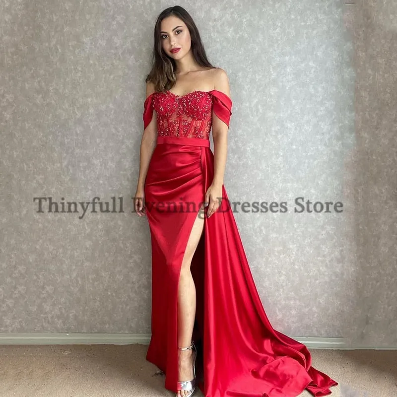 Graduation dress Sexy Prom Evening Dresses Off Shoulder Appliques Party Dress High Split Floor Length Cocktail Gowns Saudi Arabia Dubai