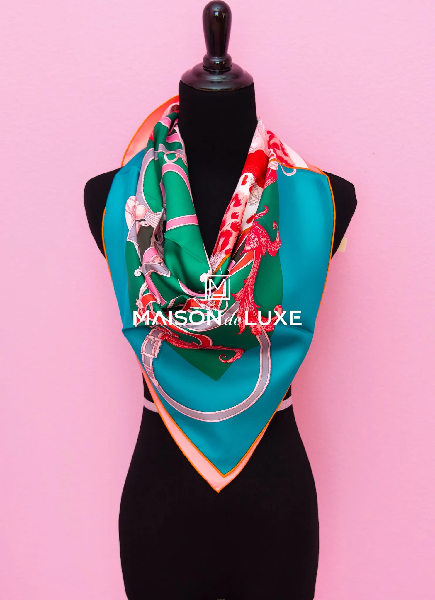 Hermes "Plumets du Roy" Green Pink Twill Silk 90 cm Scarf