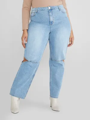 High Rise Relaxed Fit Jeans with Knee Cutouts