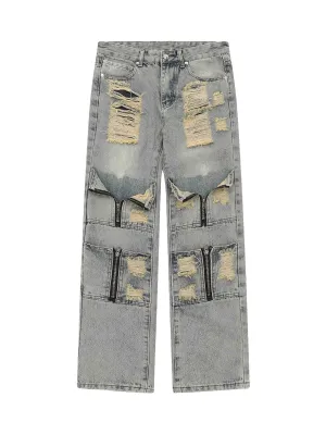 High Street Washed And Torn Work Pockets Denim Pants- 1646