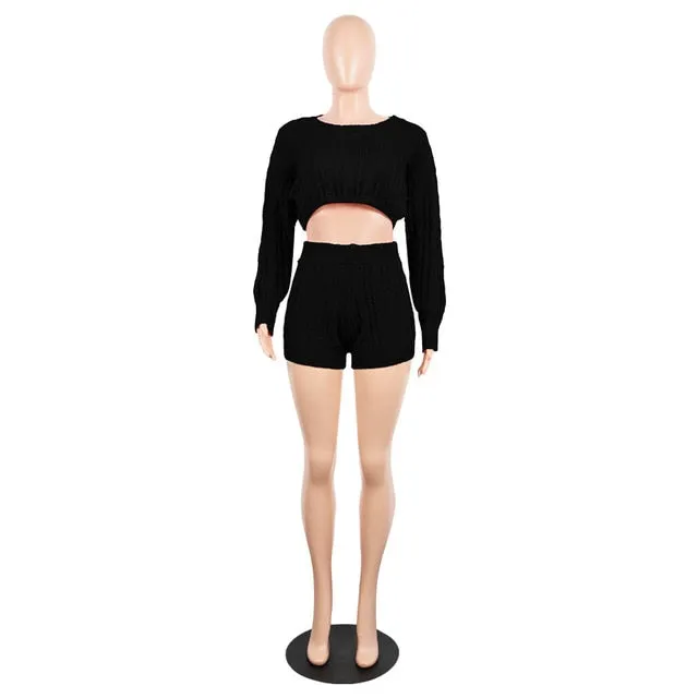 H.O.C Two Piece Fall/Winter Long Sleeve Knit Sweater Tops Bodycon Shorts Sexy Matching Sets