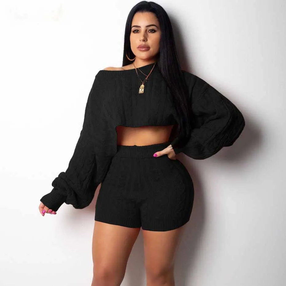 H.O.C Two Piece Fall/Winter Long Sleeve Knit Sweater Tops Bodycon Shorts Sexy Matching Sets