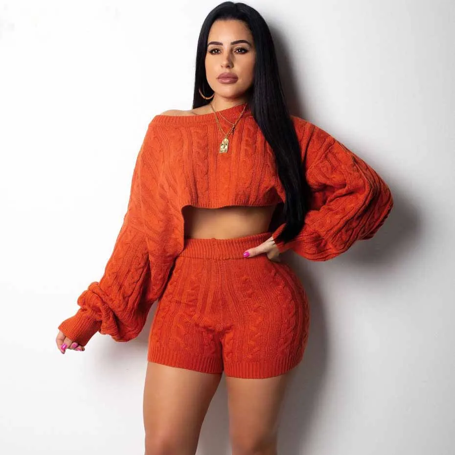 H.O.C Two Piece Fall/Winter Long Sleeve Knit Sweater Tops Bodycon Shorts Sexy Matching Sets