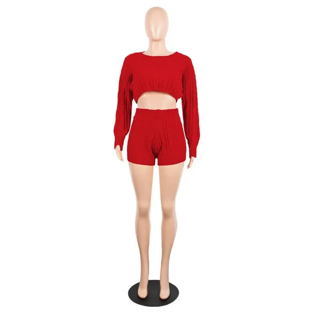 H.O.C Two Piece Fall/Winter Long Sleeve Knit Sweater Tops Bodycon Shorts Sexy Matching Sets